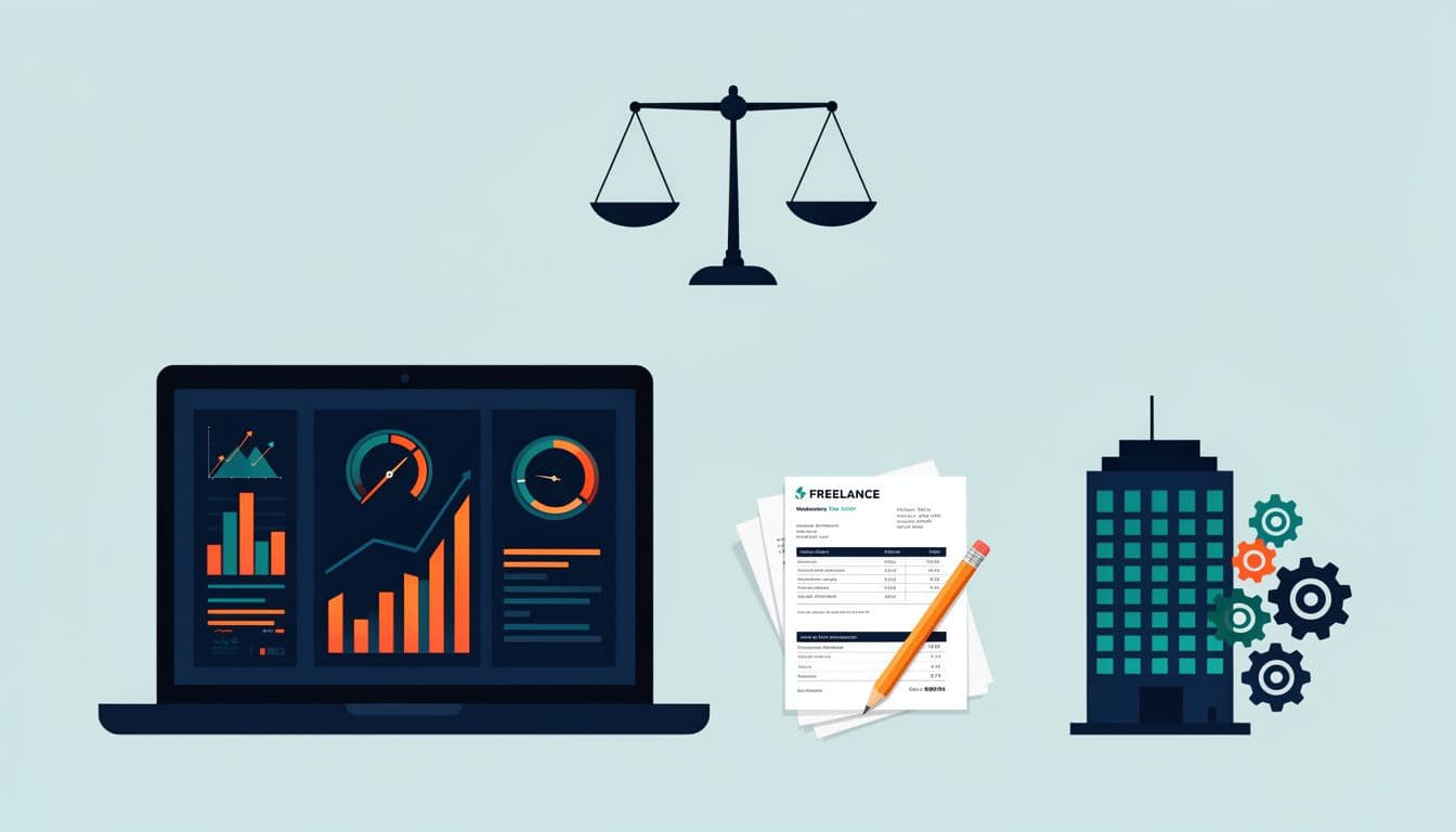 Comparison illustration of agency, freelancer, and in-house digital marketing options with laptops, charts, and office icons